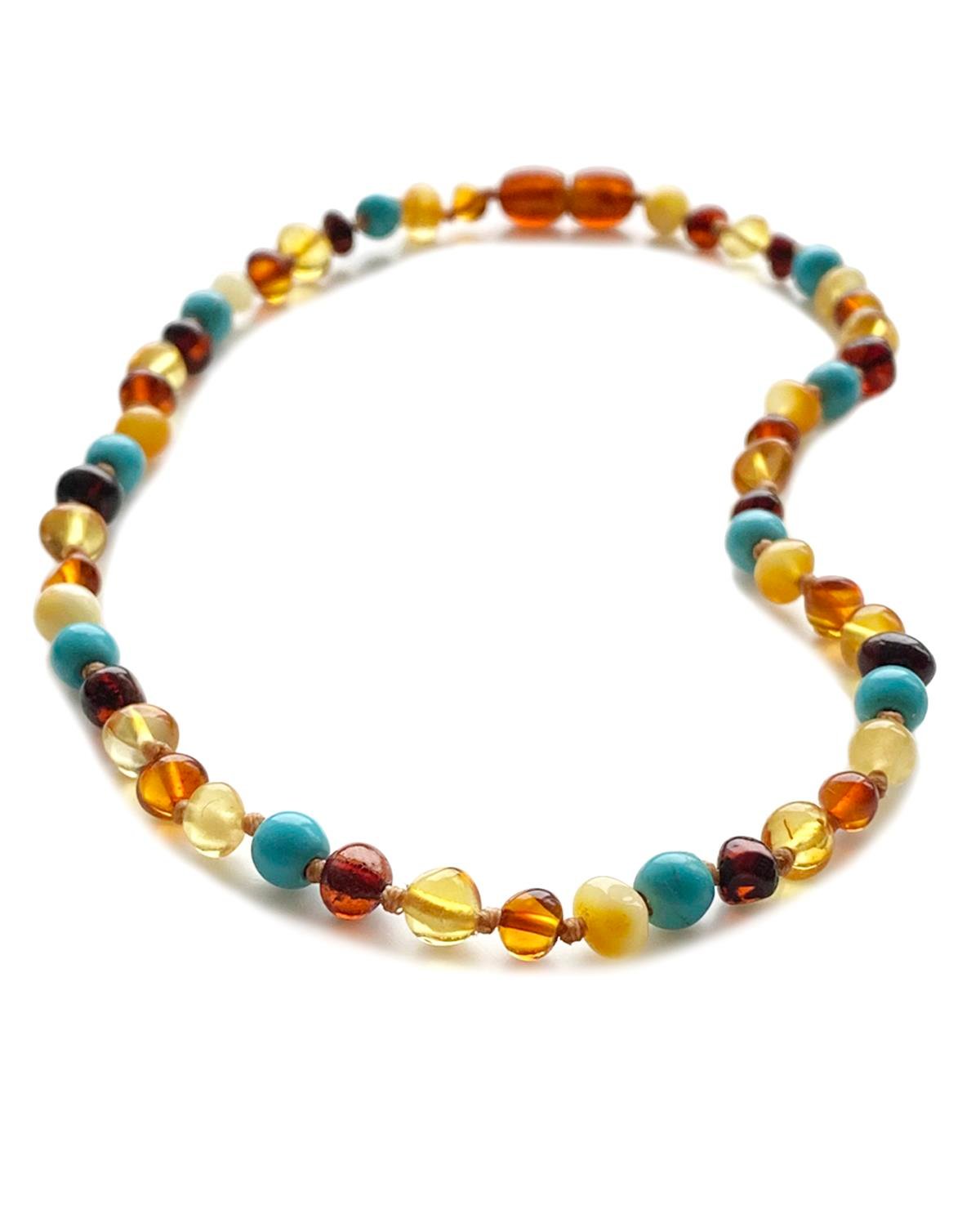 Turkuaz Taşlı Çok Renkli Kehribar Kolye