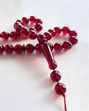 8 mm Küre Kesim Dominik Kırmızı Damla Kehribar Tesbih