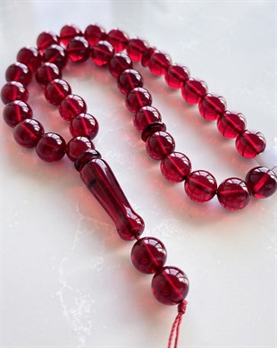 8 mm Küre Kesim Dominik Kırmızı Damla Kehribar Tesbih