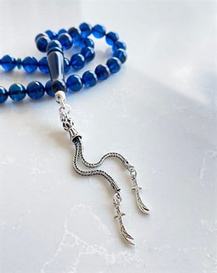 925 Ayar Gümüş Püsküllü 8 mm Küre Kesim Dominik Mavi Damla Kehribar Tesbih