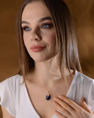 Altın Kaplama 925 Ayar Gümüş Fatmanın Eli Mavi Kehribar Kolye