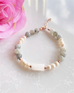 925 Ayar Gümüş İnci Quartz Labradorit Taşlı Doğal Taş Bileklik