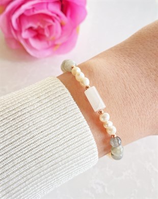 925 Ayar Gümüş İnci Quartz Labradorit Taşlı Doğal Taş Bileklik