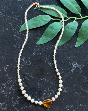 925 Ayar Gümüş İnci Taşlı Kalp Kehribar Kolye