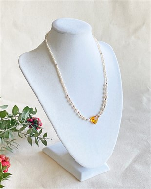 925 Ayar Gümüş İnci Taşlı Kalp Kehribar Kolye