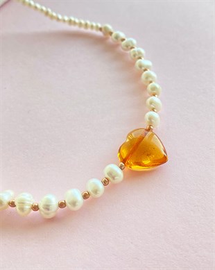 925 Ayar Gümüş İnci Taşlı Kalp Kehribar Kolye