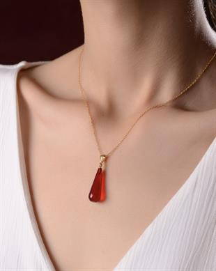 Altın Kaplama 925 Ayar Gümüş Kırmızı Kehribar Kolye