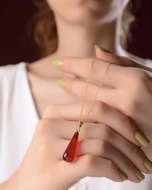 Altın Kaplama 925 Ayar Gümüş Kırmızı Kehribar Kolye