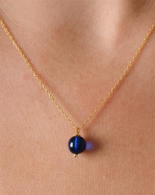 Altın Kaplama 925 Ayar Gümüş Mavi Kehribar Kolye