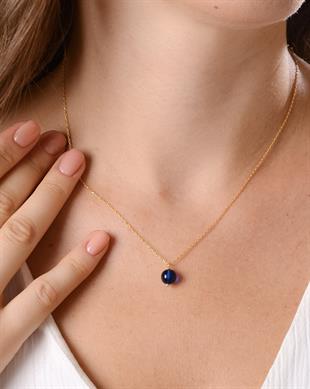 Altın Kaplama 925 Ayar Gümüş Mavi Kehribar Kolye