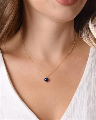 Altın Kaplama 925 Ayar Gümüş Mavi Kehribar Kolye