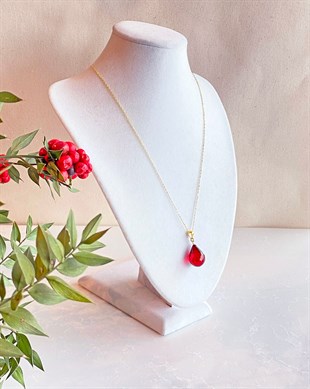 Altın Kaplama 925 Ayar Gümüş Özel Seri Fasetli Kırmızı Kehribar Kolye