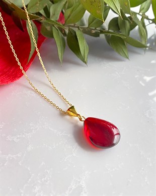 Altın Kaplama 925 Ayar Gümüş Özel Seri Kırmızı Kehribar Kolye