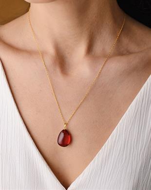 Altın Kaplama 925 Ayar Gümüş Özel Seri Kırmızı Kehribar Kolye