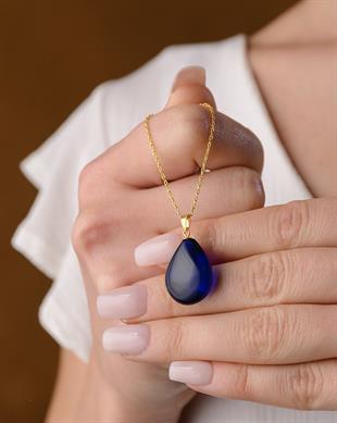 Altın Kaplama 925 Ayar Gümüş Özel Seri Mavi Kehribar Kolye