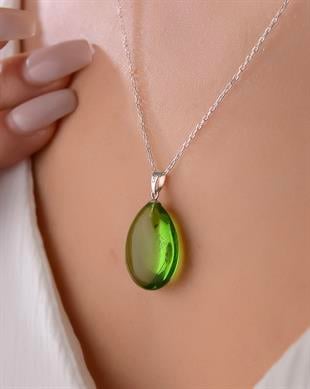 925 Ayar Gümüş Özel Seri Yeşil Kehribar Kolye