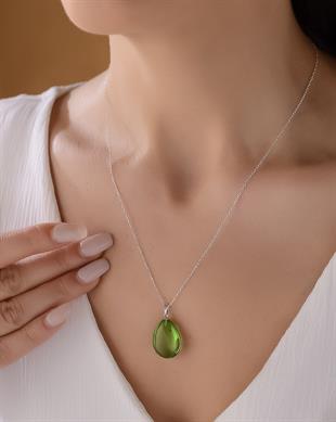 925 Ayar Gümüş Özel Seri Yeşil Kehribar Kolye