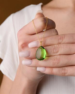 Altın Kaplama 925 Ayar Gümüş Özel Seri Yeşil Kehribar Kolye