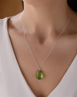 925 Ayar Gümüş Özel Seri Yeşil Kehribar Kolye