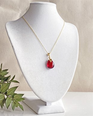 Altın Kaplama 925 Ayar Gümüş Özel Tasarım Kırmızı Kehribar Kolye