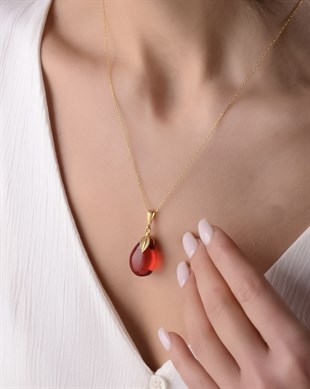 Altın Kaplama 925 Ayar Gümüş Özel Tasarım Kırmızı Kehribar Kolye