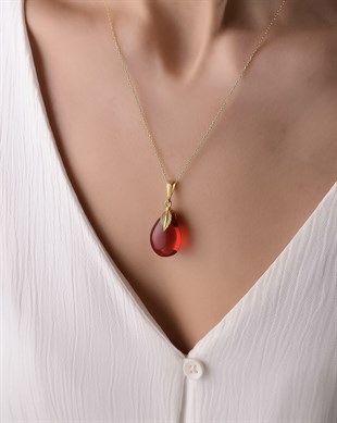 Altın Kaplama 925 Ayar Gümüş Özel Tasarım Kırmızı Kehribar Kolye