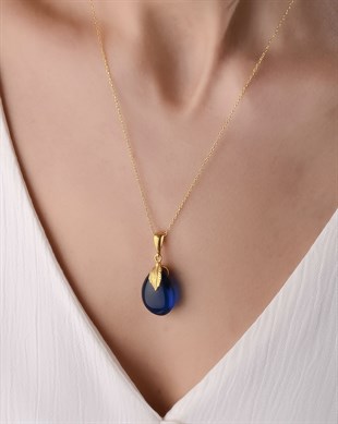 Altın Kaplama 925 Ayar Gümüş Özel Tasarım Mavi Kehribar Kolye