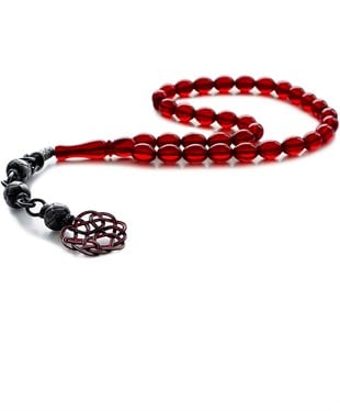 925 Ayar Gümüş Kazaz Püsküllü Arpa Kesim Dominik Kırmızı Damla Kehribar Tesbih