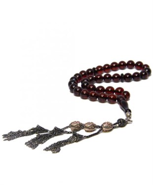 925 Ayar Gümüş Püsküllü Küre Kesim Vişne Rengi Baltık Damla Kehribar Tesbih