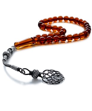 925 Ayar Gümüş Kazaz Püsküllü Küre Kesim Baltık Vişne Rengi Damla Kehribar Tesbih