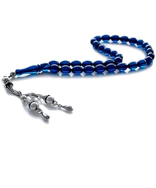 925 Ayar Gümüş Püsküllü Arpa Kesim Dominik Mavi Damla Kehribar Tesbih