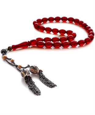 925 Ayar Gümüş Püsküllü Arpa Kesim Dominik Kırmızı Damla Kehribar Tesbih