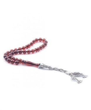 925 Ayar Gümüş Püsküllü Küre Kesim Vişne Rengi Baltık Damla Kehribar Tesbih