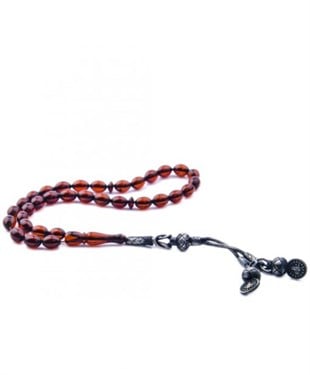 925 Ayar Gümüş Püsküllü Kazazi Arpa Kesim Vişne Rengi Baltık Damla Kehribar Tesbih