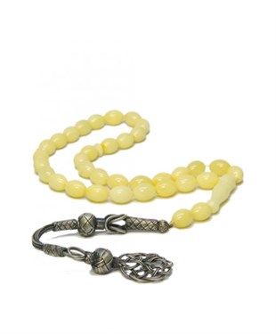 925 Ayar Gümüş Püsküllü Arpa Kesim Mat Sarı Kazazi Baltık Damla Kehribar Tesbih