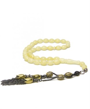 925 Ayar Gümüş Püsküllü Arpa Kesim Mat Sarı Baltık Damla Kehribar Tesbih