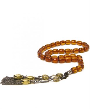 925 Ayar Gümüş Püsküllü Silindir Kesim Karamel Rengi Baltık Damla Kehribar Tesbih