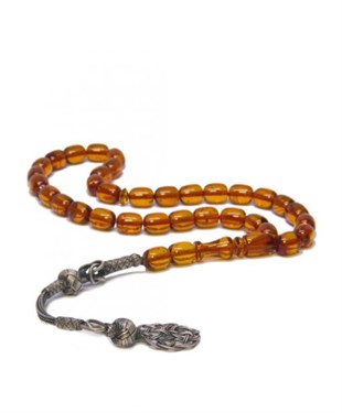 925 Ayar Gümüş Püsküllü Kazazi Silindir Kesim Karamel Rengi Baltık Damla Kehribar Tesbih