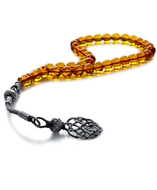 925 Ayar Gümüş Püsküllü Kazazi Küre Kesim Baltık Karamel Rengi Damla Kehribar Tesbih