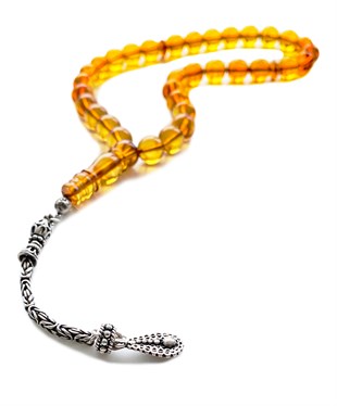 925 Ayar Gümüş Püsküllü Küre Kesim Baltık Karamel Rengi Damla Kehribar Tesbih