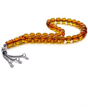 925 Ayar Gümüş Püsküllü Küre Kesim Baltık Karamel Rengi Damla Kehribar Tesbih