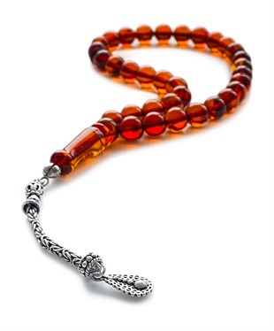 925 Ayar Gümüş Püsküllü Küre Kesim Baltık Vişne Rengi Damla Kehribar Tesbih