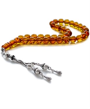 925 Ayar Gümüş Püsküllü Küre Kesim Baltık Karamel Rengi Damla Kehribar Tesbih