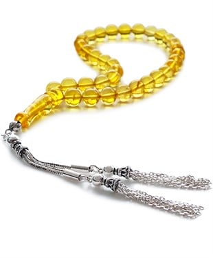 925 Ayar Gümüş Püsküllü Küre Kesim Baltık Limon Rengi Damla Kehribar Tesbih