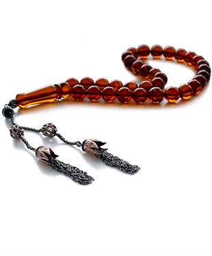 925 Ayar Gümüş Püsküllü Küre Kesim Baltık Vişne Rengi Damla Kehribar Tesbih