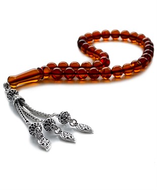 925 Ayar Gümüş Püsküllü Küre Kesim Baltık Vişne Rengi Damla Kehribar Tesbih