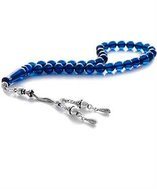 925 Ayar Gümüş Püsküllü Küre Kesim Dominik Mavi Damla Kehribar Tesbih