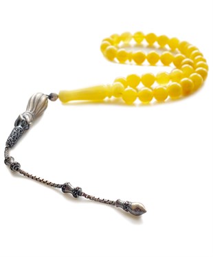 925 Ayar Gümüş Püsküllü Küre Kesim Mat Sarı Baltık Damla Kehribar Tesbih