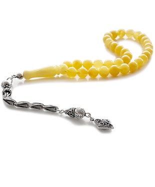 925 Ayar Gümüş Püsküllü Küre Kesim Mat Sarı Baltık Damla Kehribar Tesbih