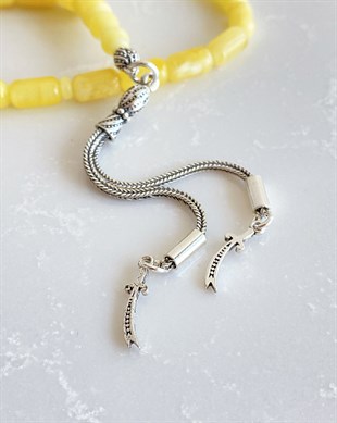 925 Ayar Gümüş Püsküllü Silindir Kesim Mat Sarı Baltık Damla Kehribar Tesbih